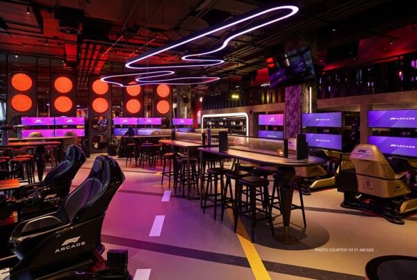 F1 Arcade is bringing its racing simulator experience to the United States. The first location will open in Boston Seaport in 2024. This image shows the interior of the London venue. Photo is courtesy of F1 Arcade.