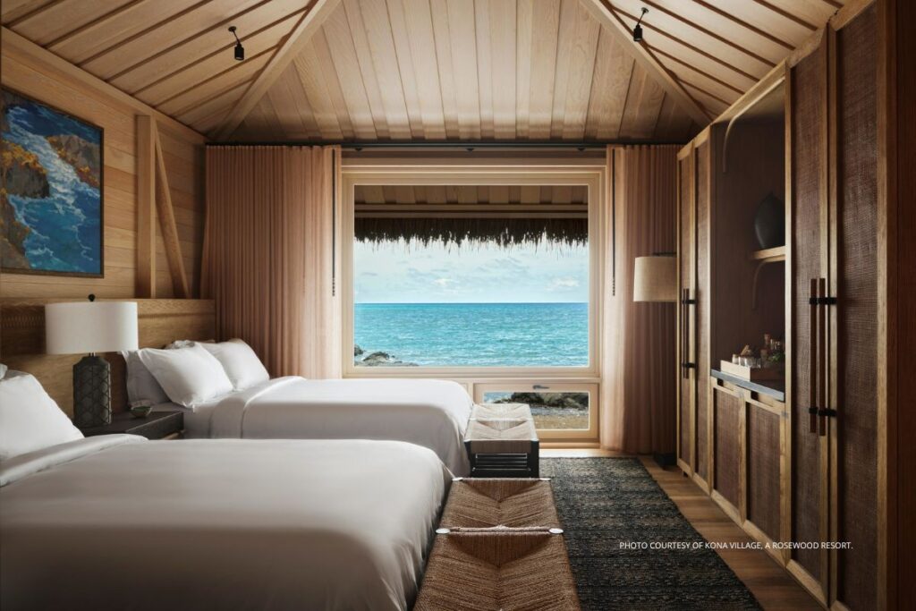 Kona Village, A Rosewood Resort opened on July 5, 2023. This is an image of the interior of one of the resort's Black Sand Beach Suites. Photo courtesy of Kona Village, A Rosewood Resort.