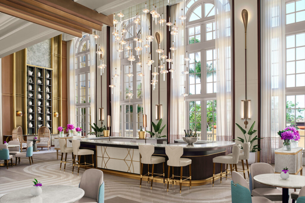 The Ritz-Carlton, Naples reopened on July 6, 2023 following a transformation that included the addition of a new tower. This is an image of the reimagined Lobby Bar at the property. Photo courtesy of The Ritz-Carlton, Naples.