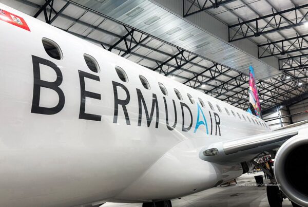 This is an image of the exterior of the BermudAir Embraer E175 aircraft. Photo courtesy of BermudAir.