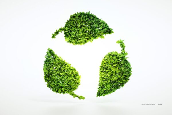 This is stock image showing three leaves filled with leaves in the shape of a reuse-reduce-recycle symbol. Photo is by petmal | Canva.