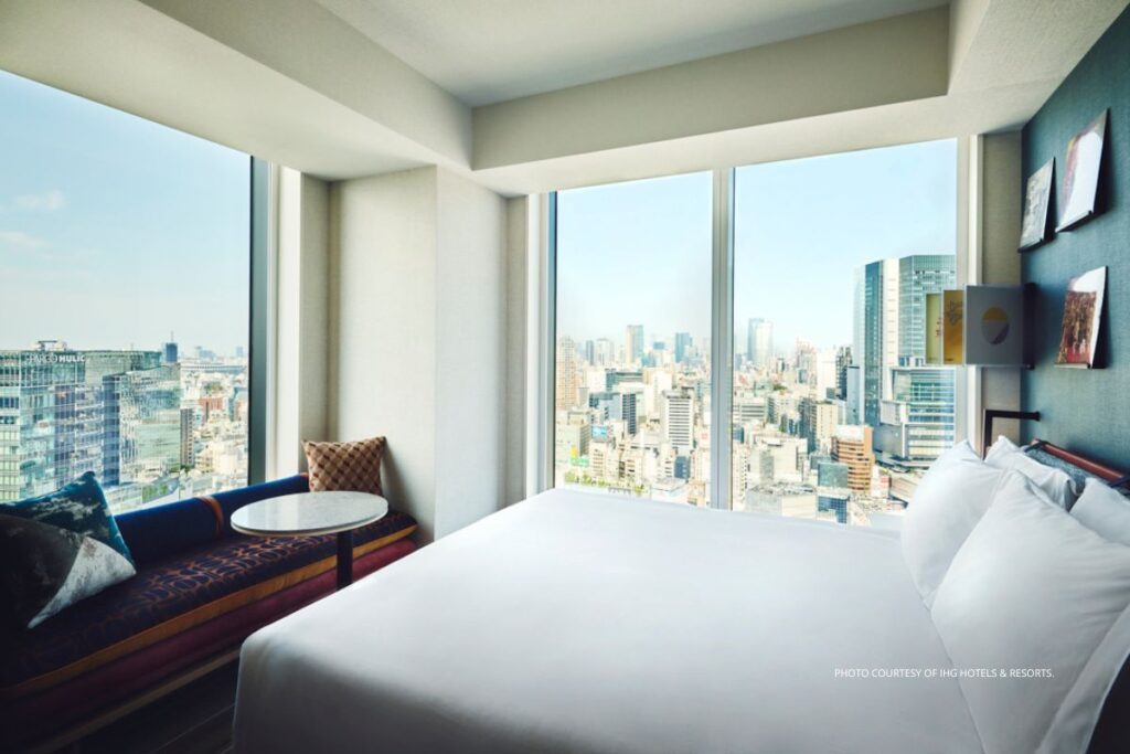 This is an image of the interior of a guestroom in Hotel Indigo Tokyo Shibuya, which opened August 29, 2023 in Tokyo. Photo is courtesy of IHG Hotels & Resorts.