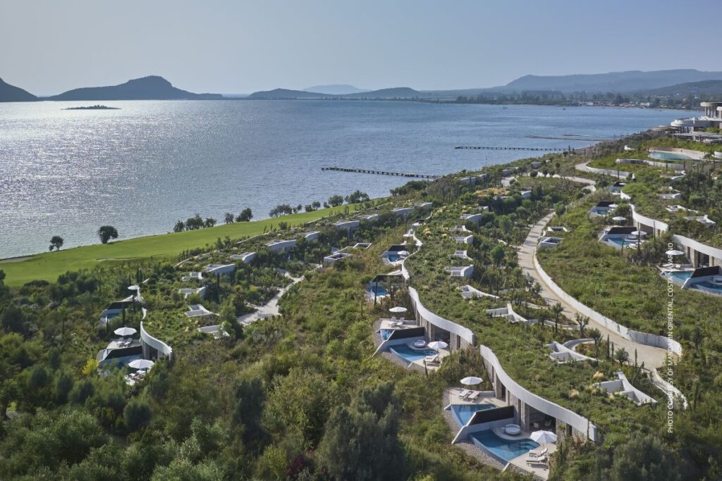 This image is an aerial view of Mandarin Oriental, Costa Navarino, Greece. Photo courtesy of Mandarin Oriental, Costa Navarino.