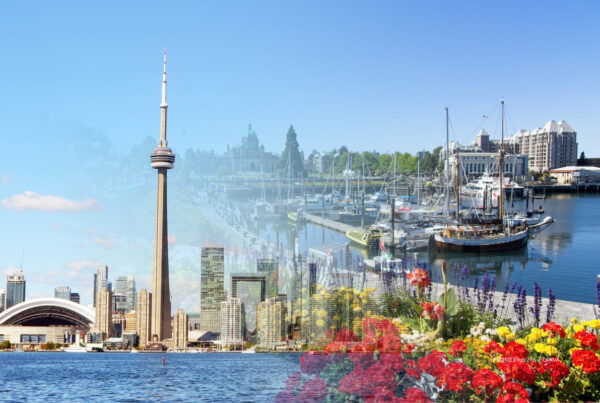 This image blends two photos: Toronto skyline on clear day by AnthonyRosenberg | Canva and Victoria, BC harbour during the day by pr21is | Canva.