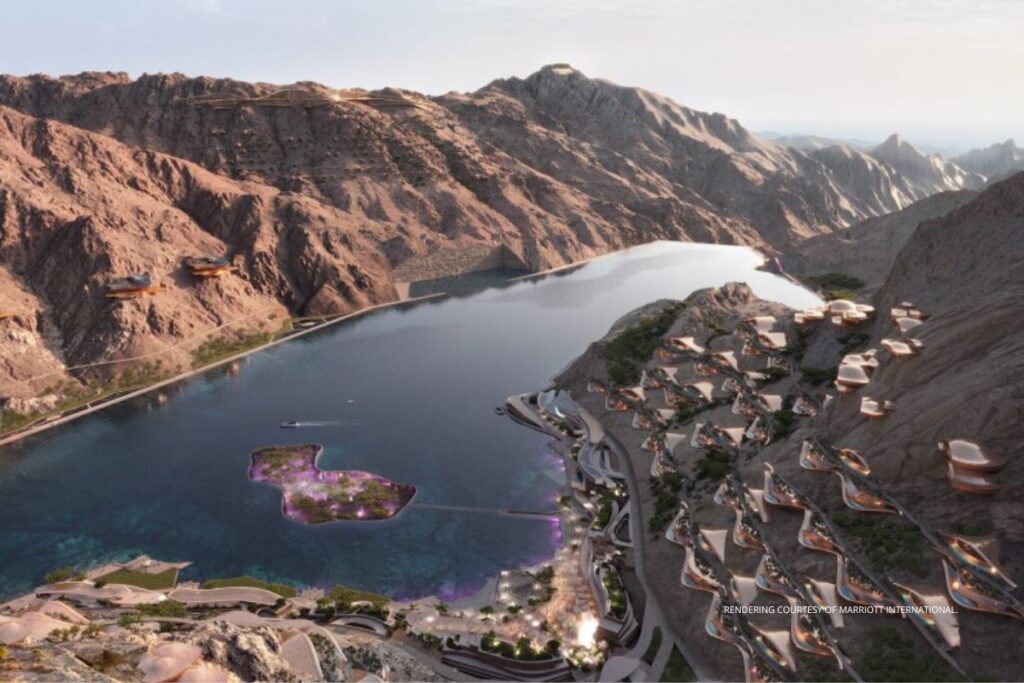 Trojena will be home to Saudi Arabia's first W brand hotel. This image is a rendering of the Trojena Lake Village, the expected site of the hotel. Rendering courtesy of Marriott International.