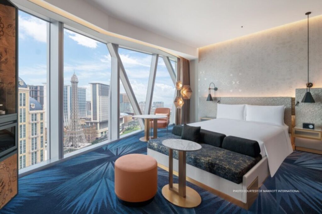 This is an image of a guestroom at W Macau - Studio City, which opened September 8, 2023. Photo courtesy of Marriott International.
