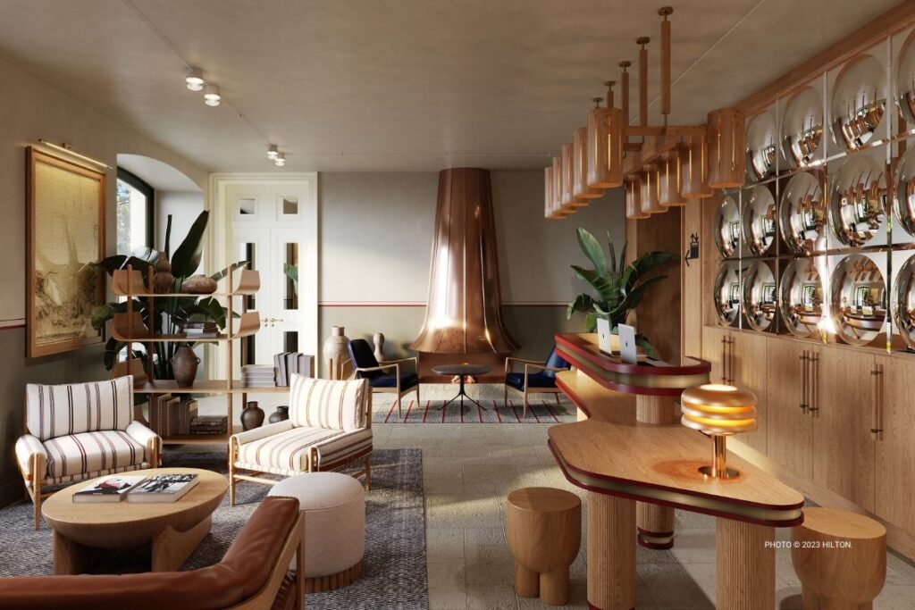 This is an image of the reception area in Canopy by Hilton Lisbon Praça Sao Paulo, which is slated to open in 2026 in Lisbon, Portugal. Photo © 2023 Hilton.