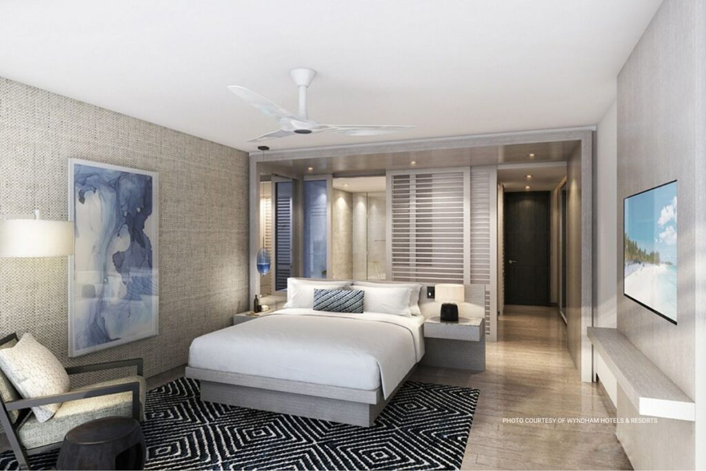 This is an image of a guestroom at the new-build Wyndham Grand Barbados, Sam Lord's Castle Resort & Spa. Photo courtesy of Wyndham Hotels & Resorts.