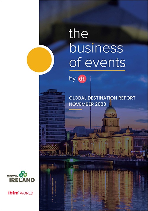 This is an image of the cover of the 2023 edition of The Business of Events: Global Destination Report, which was released at IBTM World 2023 on November 28, 2023. 