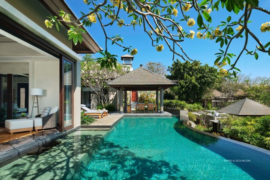 Umani Bali, LXR Hotels & Resorts opened in November 2023. This is an image of the pool area of one of the resort's Garden Pool Villas. Photo © 2023 Hilton.