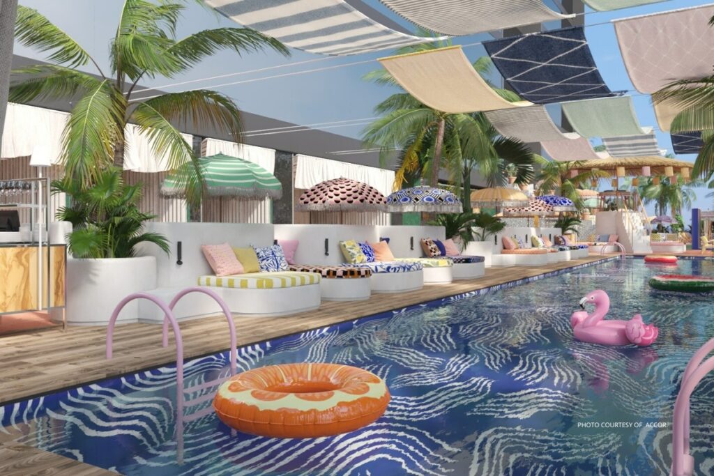 This is an image of a pool at Mama Shelter Dubai Business Bay, one of the Ennismore-Lifestyle hotels Accor is opening in 2024. Image courtesy of Accor.