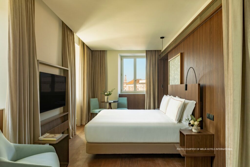 Palazzo Cordusio, A Gran Meliá Hotel opened in Milan in December 2023. This is an image of a guestroom at the property, which is the first Gran Meliá hotel in the city. Photo courtesy of Meliá Hotels International.