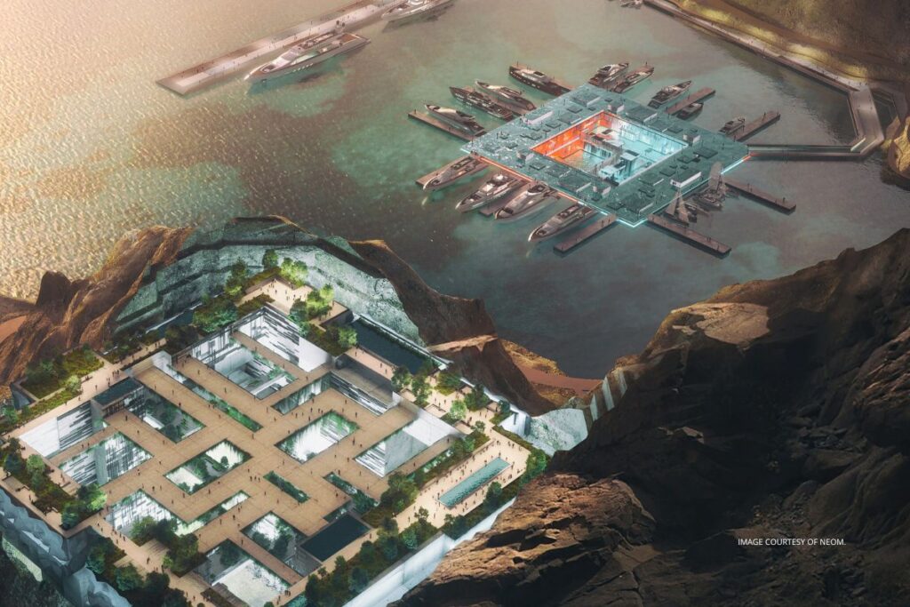 This image is a rendering of the floating marina that will serve as the entry point to Aquellum, a sustainable development in NEOM (northwest Saudi Arabia). Image courtesy of NEOM.