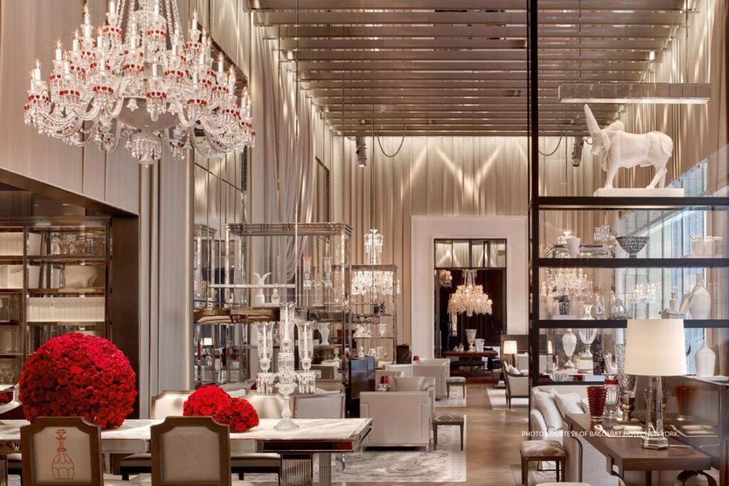This is a photo of the Grand Salon at the Baccarat Hotel New York. It accompanies a news item about SH Hotels & Resorts planned expansion of the brand. Photo courtesy of Baccarat Hotel New York.