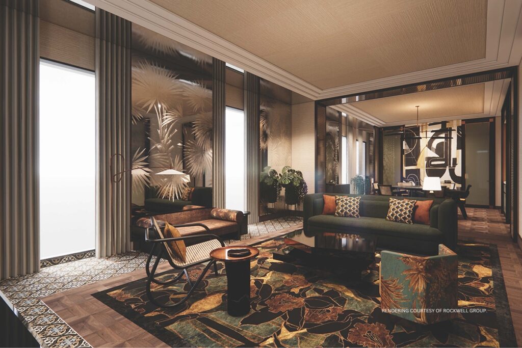 This image is a rendering of a specialty suite living area in Fairmont New Orleans, which is slated to open in summer 2025. Rendering courtesy of Rockwell Group.
