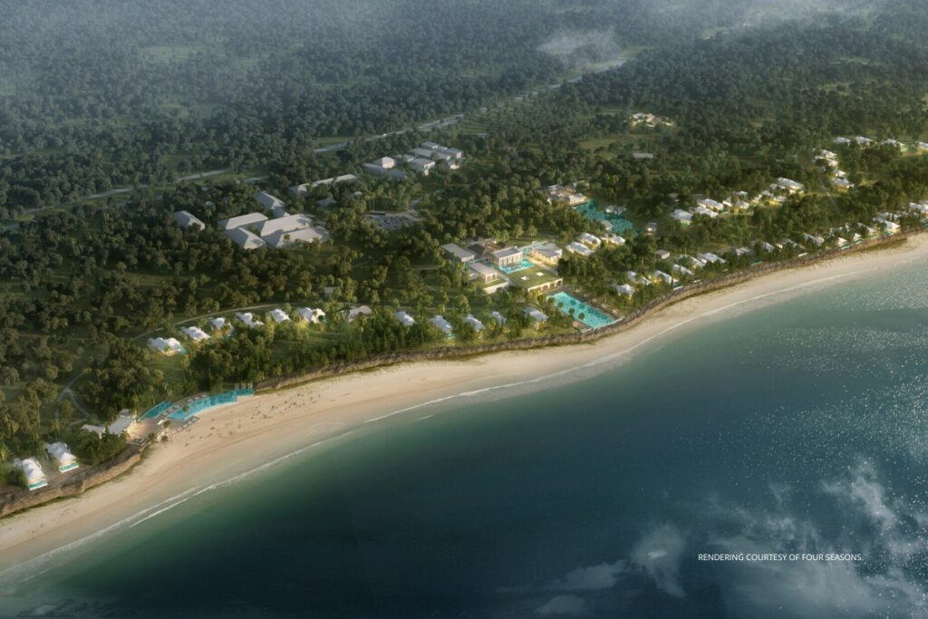 This image is a rendering of an aerial view of Four Seasons Resort Zanzibar (Tanzania, Africa). Rendering courtesy of Four Seasons.