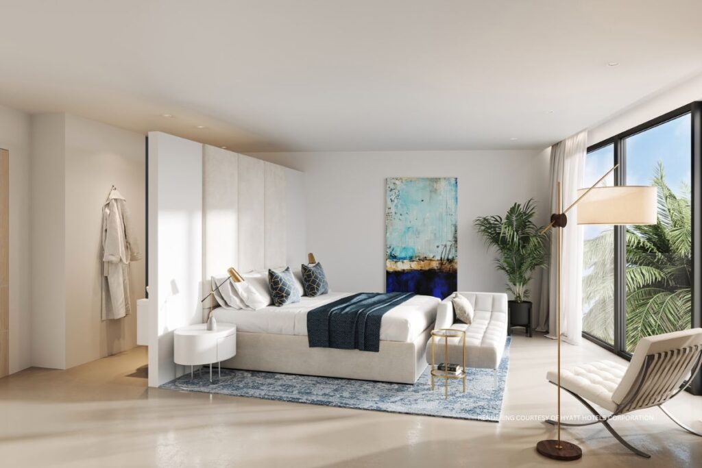 This image is a rendering of a bedroom at Cas en Bas Beach Resort in St. Lucia, which will open in late 2024 under the Destination by Hyatt banner. Rendering courtesy of Hyatt Hotels Corporation.