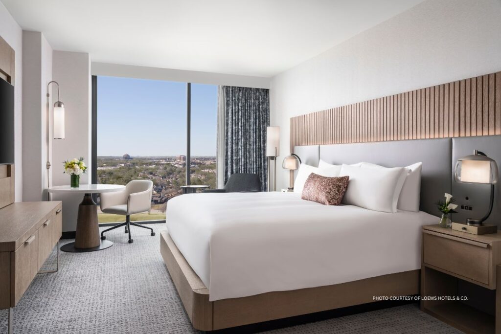 This is an image of a guestroom at Loews Arlington Hotel and Convention Center, which officially opened on February 13, 2024 in Arlington, Texas. Photo courtesy of Loews Hotels & Co.