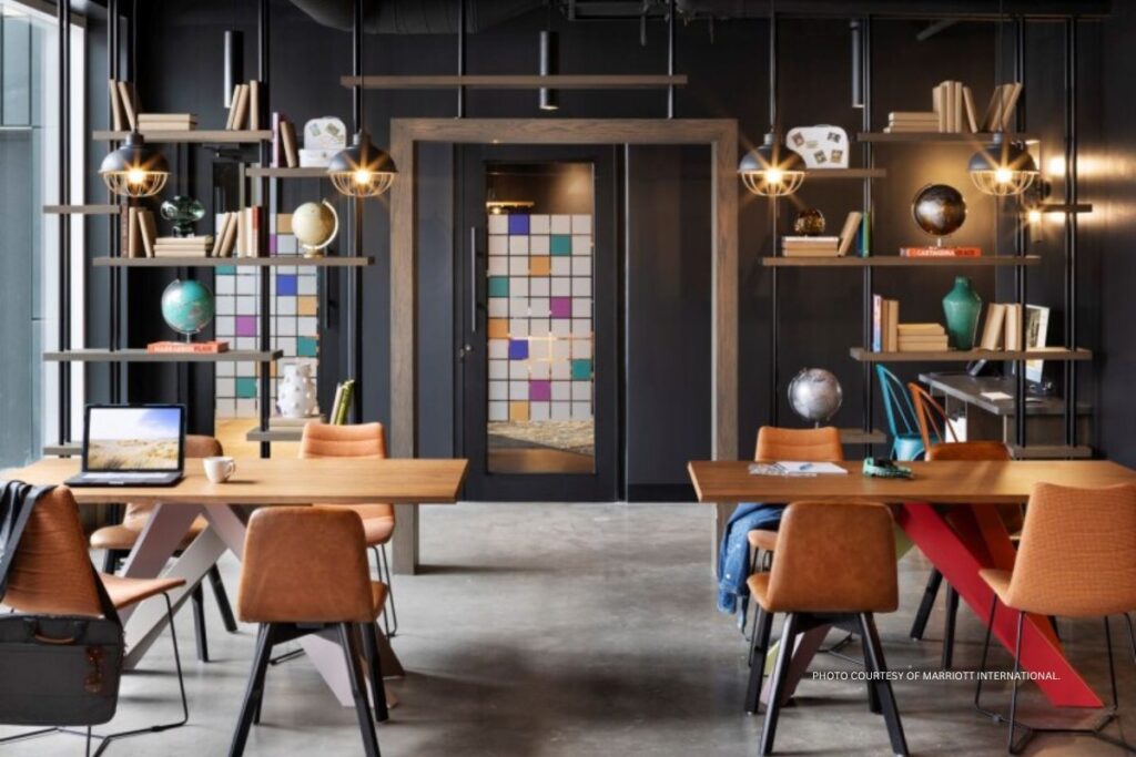This is an image of part of the lobby space at Moxy Halifax Downtown, which opened February 8, 2024 in Halifax, Nova Scotia. Photo courtesy of Marriott International.