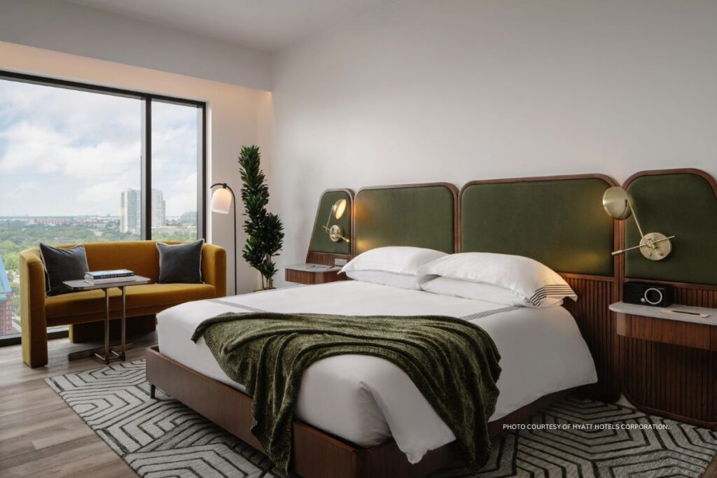 This is an image of a King Guestroom at Thompson Houston, which opened on February 14, 2024 in Houston, Texas. Photo courtesy of Hyatt Hotels Corporation.