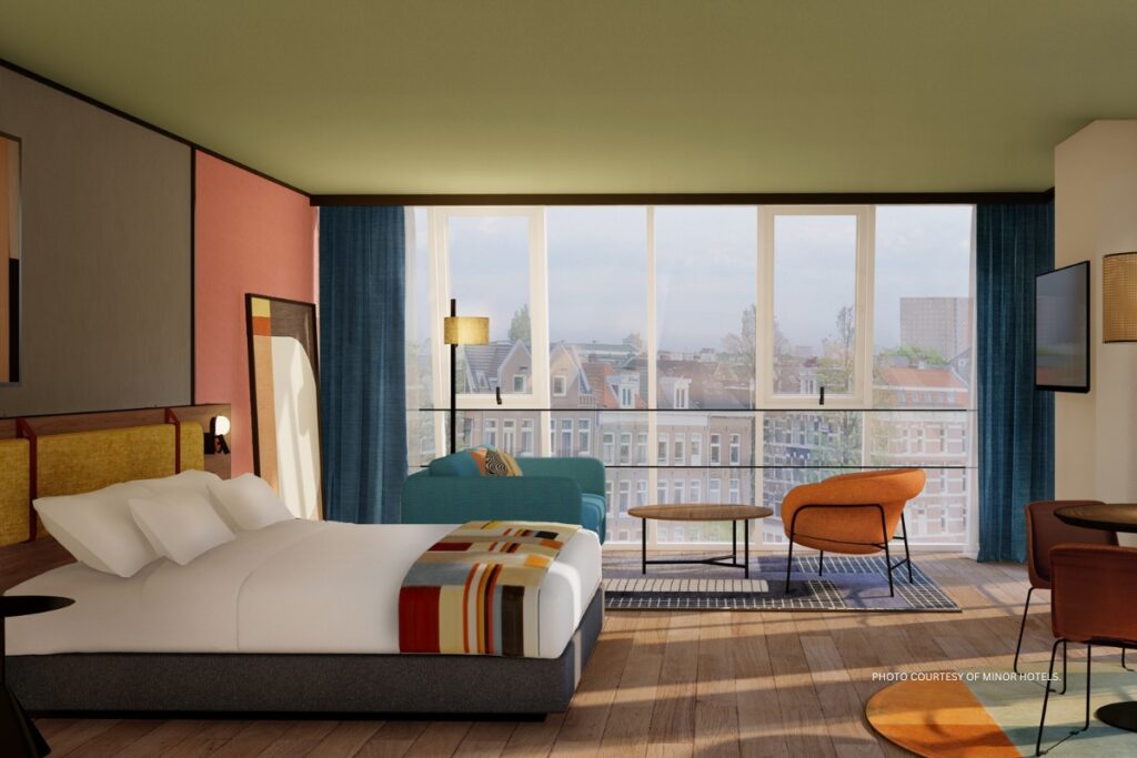 This is an image of a guestroom in the Avani Museum Quarter Amsterdam, which is scheduled to open in Q2 2024. Photo courtesy of Minor Hotels.