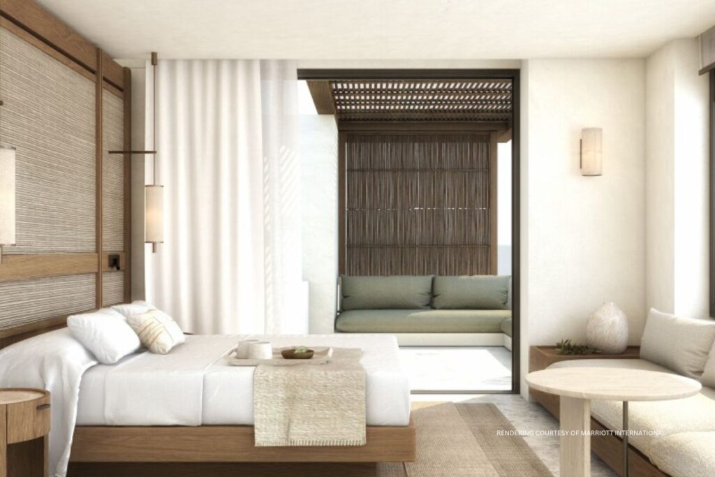 This image is a rendering of a guestroom at JW Marriott Crete Resort & Spa, which is expected to open in 2025. Rendering courtesy of Marriott International.