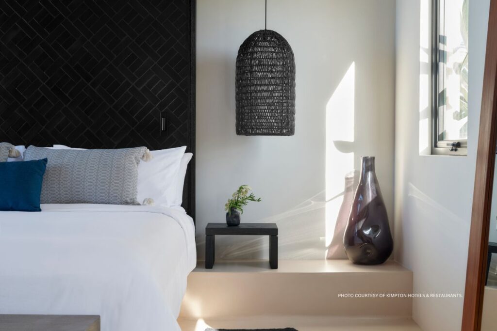 This is an image of part of a king guestroom at Kimpton Mas Olas Resort & Spa (opened April 2024) in the town of Todos Santos on Baja Sur peninsula, Mexico. Photo courtesy of Kimpton Hotels & Restaurants.