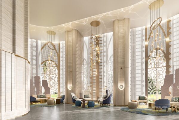 Alesayi Holdings and Accor are partnering on the Abraj Omar Hotel & Residences Makkah – MGallery Collection, set to open in 2028. This is a rendering of the lobby. Rendering courtesy of Accor.