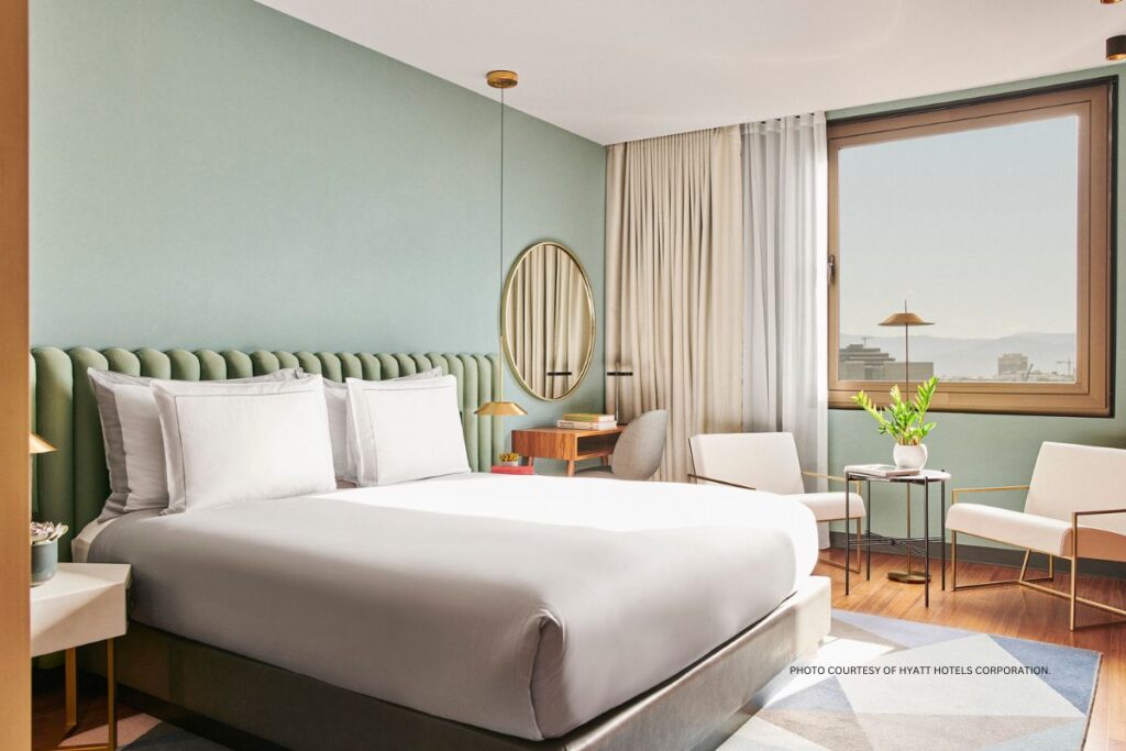 This is an image of a guestroom at the Grand Hyatt Barcelona, which opened April 3, 2024. Photo courtesy of Hyatt Hotels Corporation.