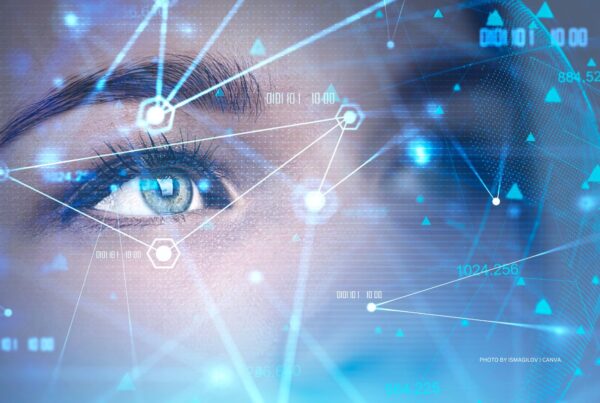 Artificial intelligence stock image showing a woman's eyes with data points overlay. Photo by ismagilov | Canva.