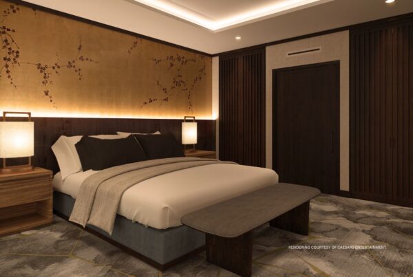 This image is a rendering of the suite bedroom planned for The Nobu Hotel Caesars New Orleans, opening fall 2024. Rendering courtesy of Caesars Entertainment.