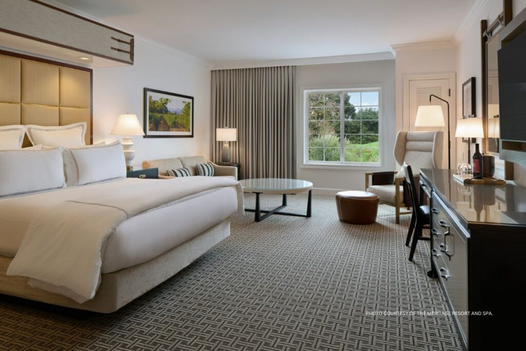 This is an image of a reimagined bedroom at The Meritage Resort and Spa, Napa Valley, California. Photo courtesy of The Meritage Resort and Spa.