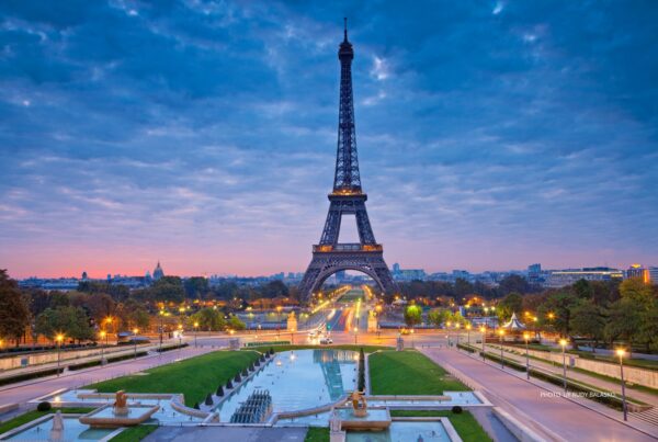 This is a stock photo of the Eiffel Tower in Paris, France at dusk. Photo by Rudy Balasko.