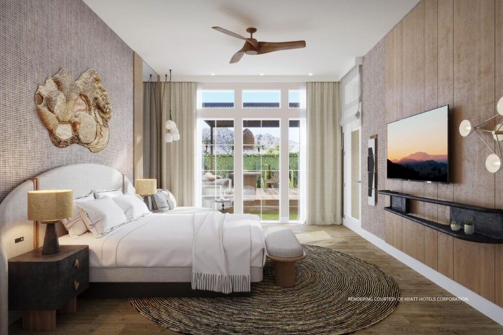 This image is a rendering of a king bedroom in a villa at Grand Hyatt Indian Wells. Rendering courtesy of Hyatt Hotels Corporation.