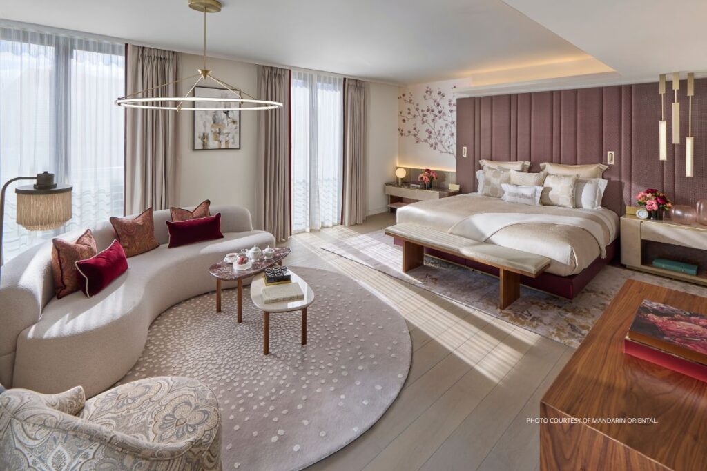This is an image of the bedroom in Room 506 of the Mandarin Oriental Mayfair, which opened in London on June 3, 2024. Photo courtesy of Mandarin Oriental.