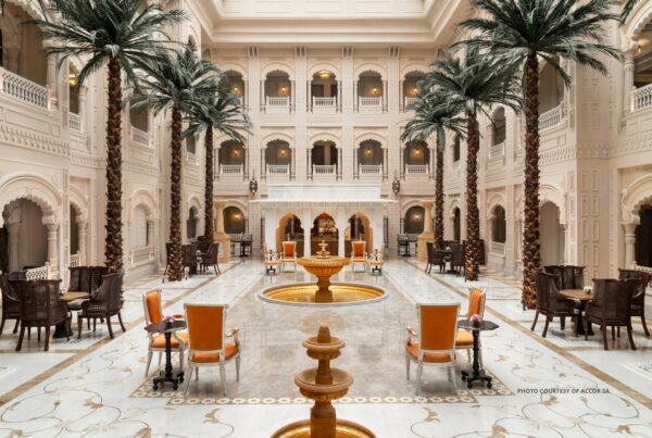 This is an image of the courtyard at Raffles Jaipur, which opened in July 2024. Photo courtesy of Accor SA.