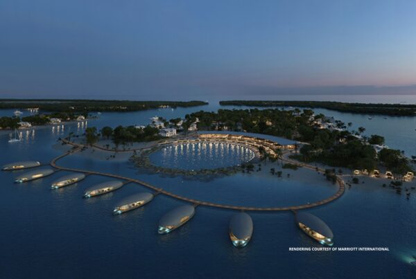 This image is a rendering of the Ritz-Carlton Reserve planned for Ramham Island in Abu Dhabi, United Arab Emirates. Rendering courtesy of Marriott International.
