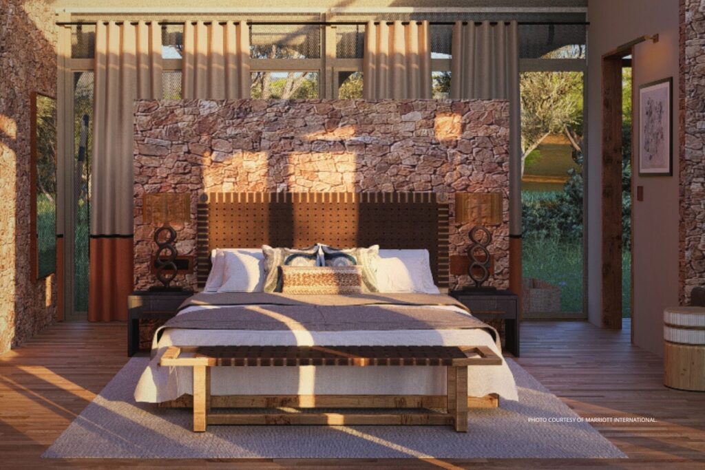 Bedroom in tented suite at Mapito Safari Camp, Autograph Collection, which is expected to open in Q3 2025 in Serengeti, Tanzania. Photo courtesy of Marriott International.