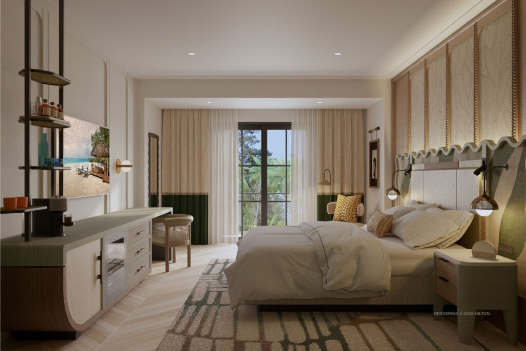 This image is a rendering of a guestroom planned for Elephant Tree Resort & Villas Tobago, Tapestry Collection by Hilton. Rendering © 2025 Hilton.