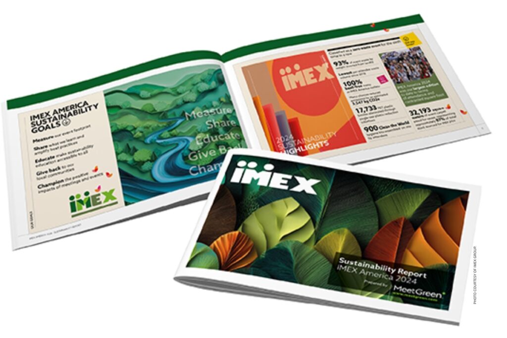 This is an image showing the cover and a spread in the 2024 IMEX America Sustainability Report. Photo courtesy of IMEX.