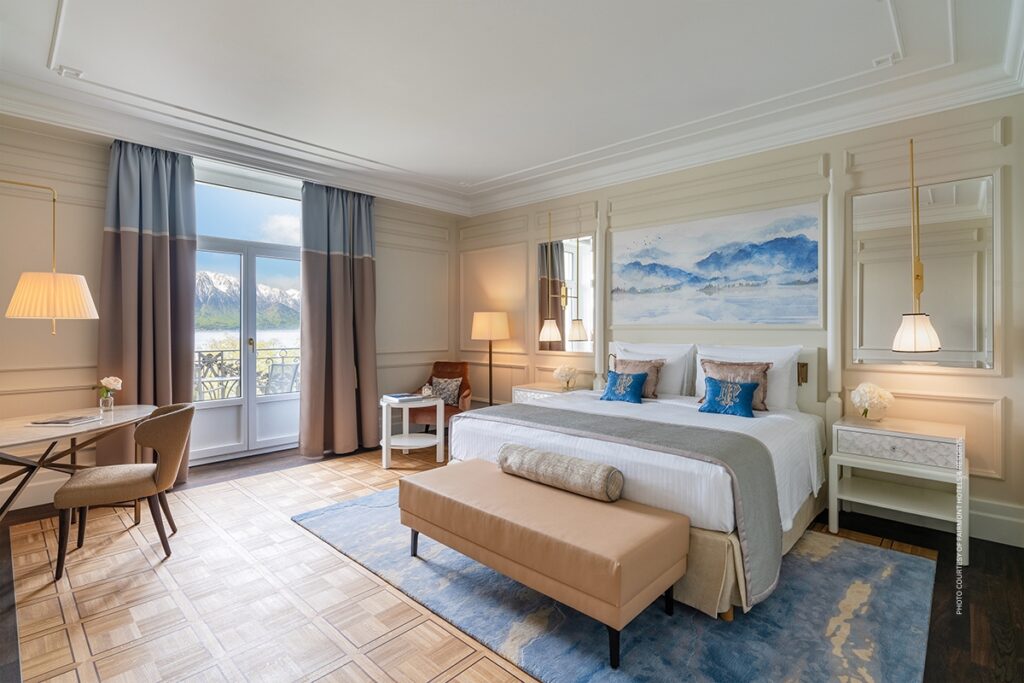 This is an image of a Signature Lakeview Room at Fairmont Le Montreux Palace in Montreux, Switzerland. Photo courtesy of Fairmont Hotels & Resorts.