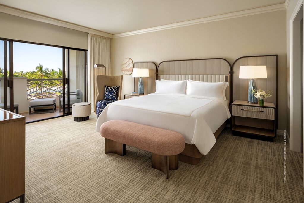 This is an image of a renovated King Suite Bedroom at the Fairmont Orchid on Hawaii Island. Photo courtesy of Fairmont Hotels & Resorts.