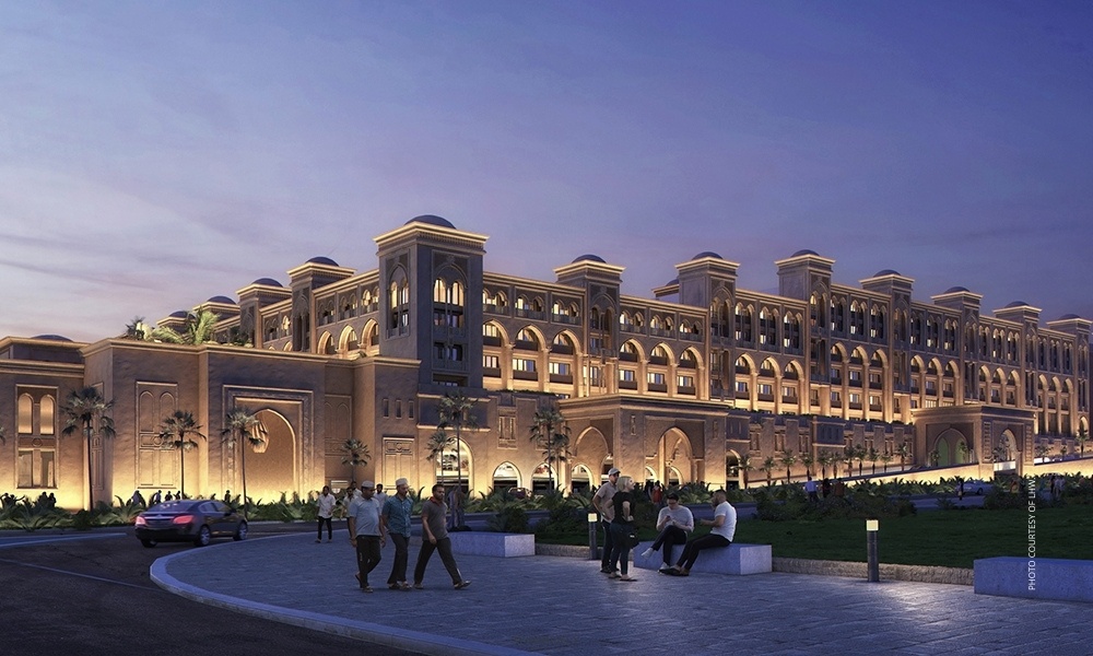 This is an image of the exterior of The Giza Palace, Giza, Egypt, at dusk. Photo courtesy of LHW.
