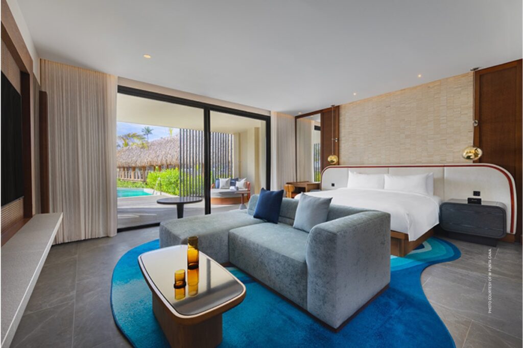 This is an image of a guestroom at W Punta Cana, Dominican Republic. The all-inclusive, adults-only resort opened in August 2025. Photo courtesy of W Punta Cana.