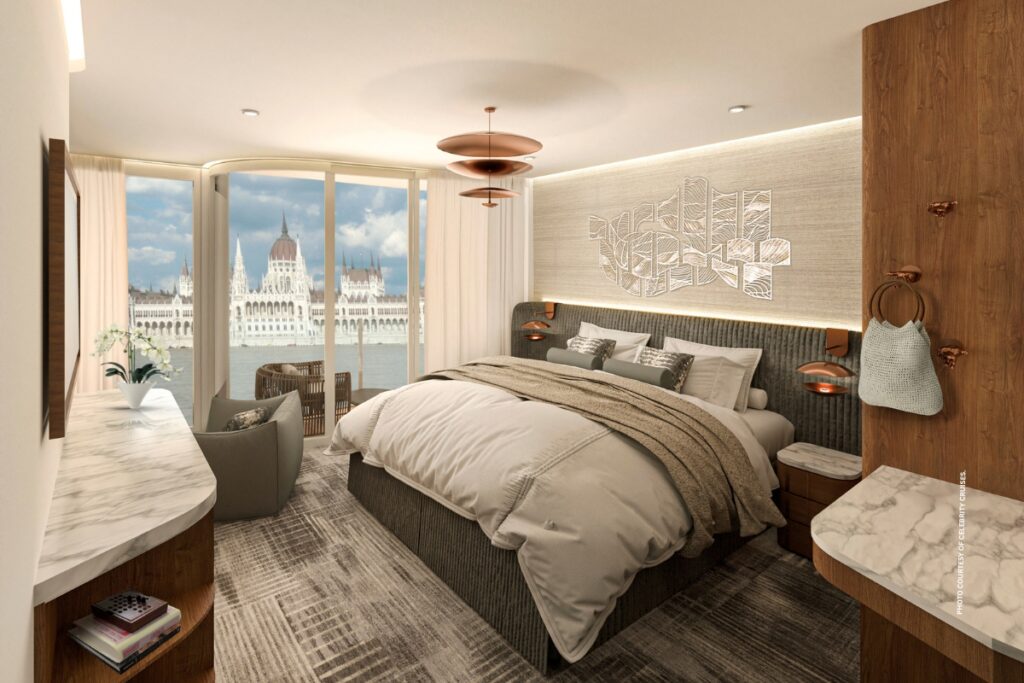 This is an image of a Vista Balcony Suite on Celebrity Compass, a new river boat that will set sail in 2027. Image courtesy of Celebrity Cruises.