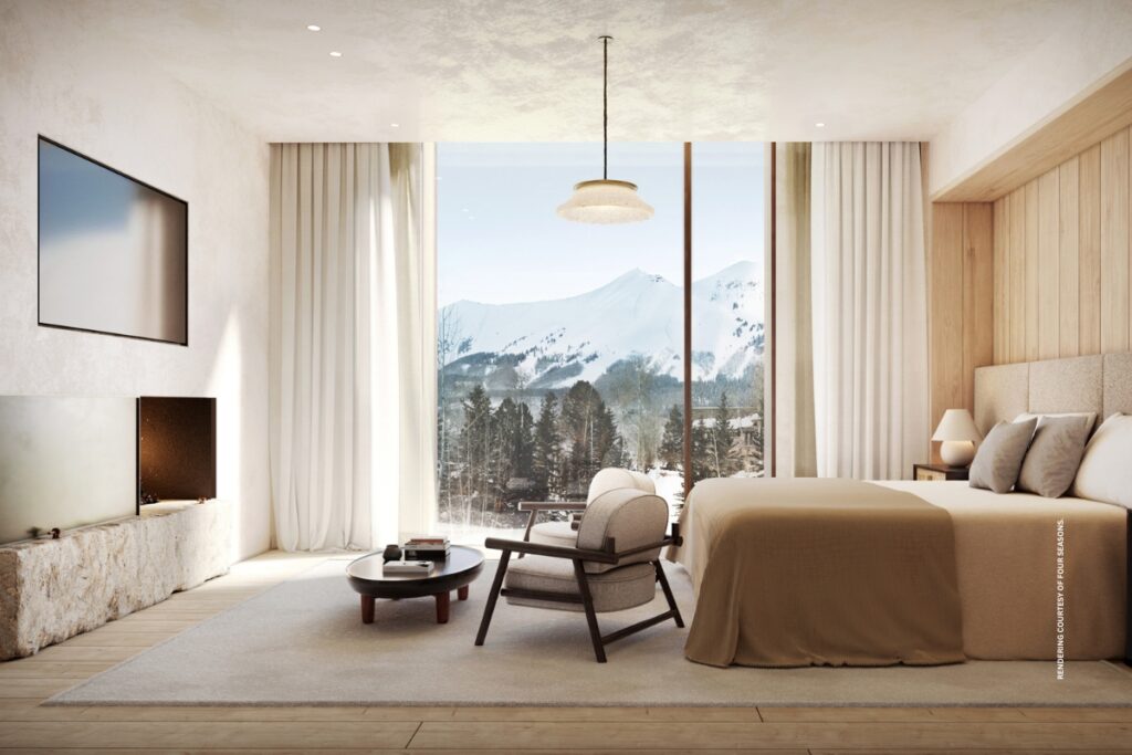 This image is a rendering of a guestroom planned for Four Seasons Resort and Residences Telluride, Colorado. Rendering courtesy of Four Seasons.