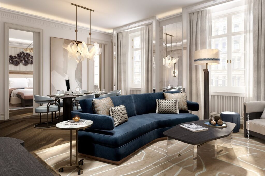 This is a photo of the living room in a Premier Suite at Mandarin Oriental, Vienna. Photo courtesy of Mandarin Oriental.