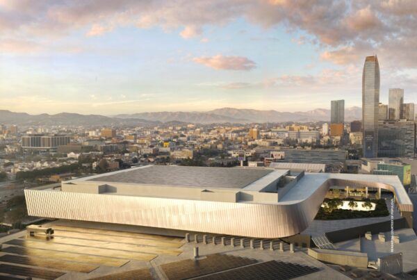 This image is a rendering of the aerial view of the Los Angeles Convention Center Expansion. Rendering courtesy of Populous.