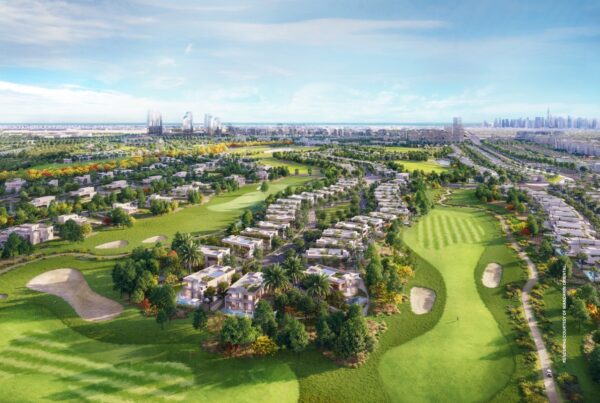 This image is a rendering of an aerial view of Mandarin Oriental Jumeirah Golf Estates, Dubai, opening 2030. Rendering courtesy of Mandarin Oriental.