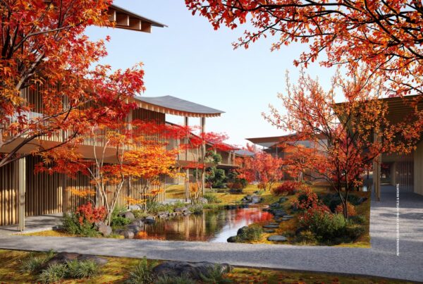 This image is a rendering of Regent Karuizawa, Japan., opening 2028. Rendering courtesy of IHG Hotels & Resorts.